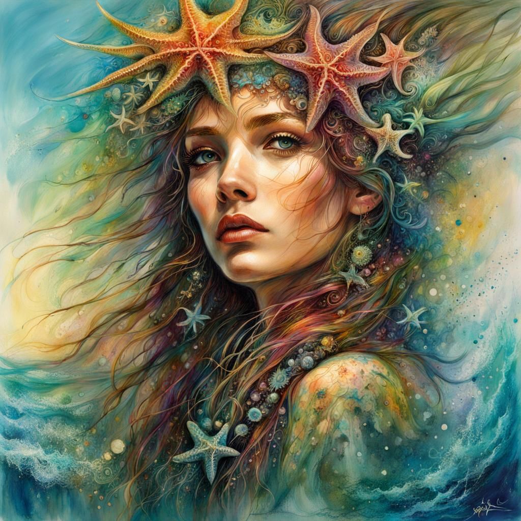 Tropical Starfish in Ocean Splash, Surreal Art