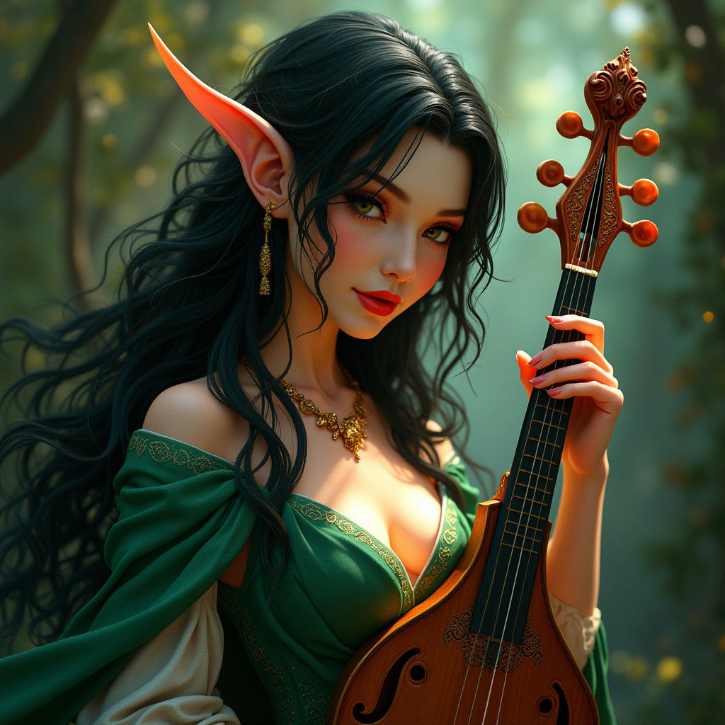 Elegant Elf Bard with Mandolin, Art Nouveau Portrait