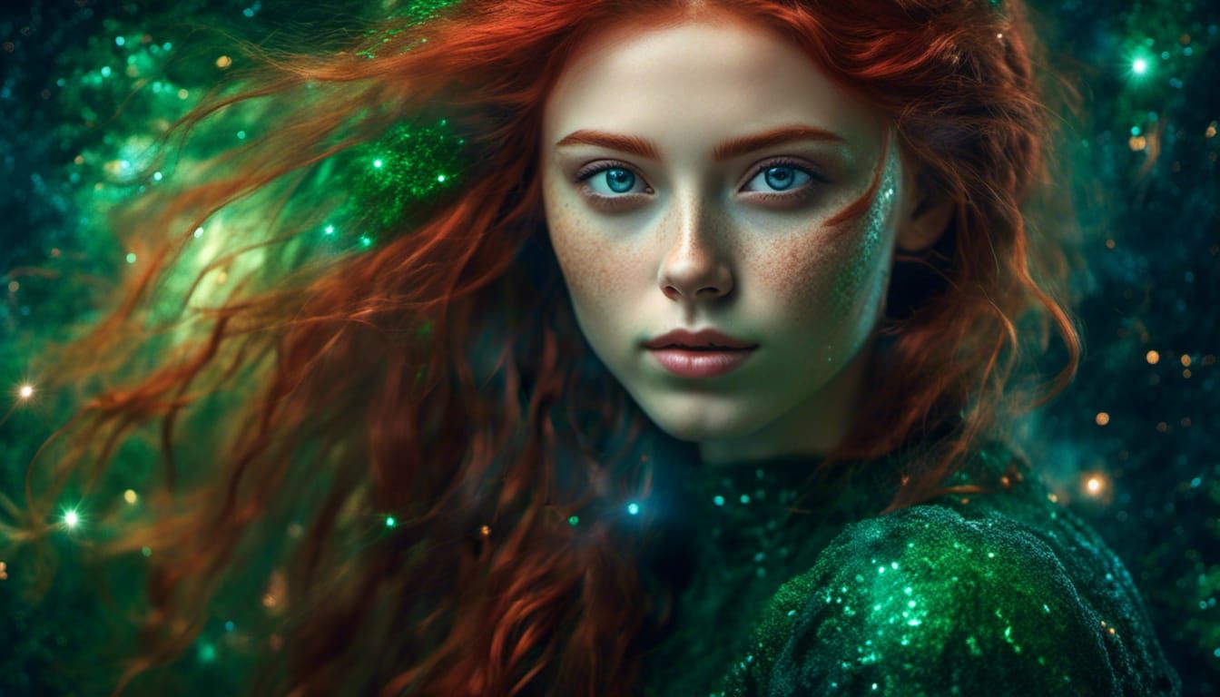 Enchanting Artist Girl with Red Hair in Cosmic Scape