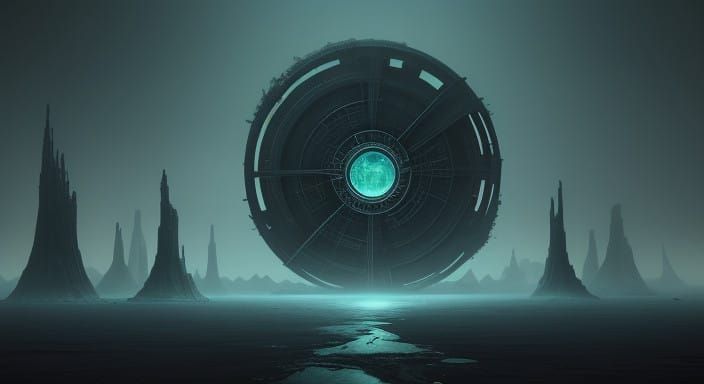 Post-Apocalyptic Portal Scene in a Retro-Futuristic Landscap...