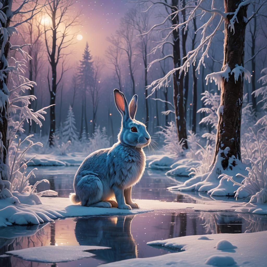 Snow Rabbit on Frozen Lake in Wintery Forest