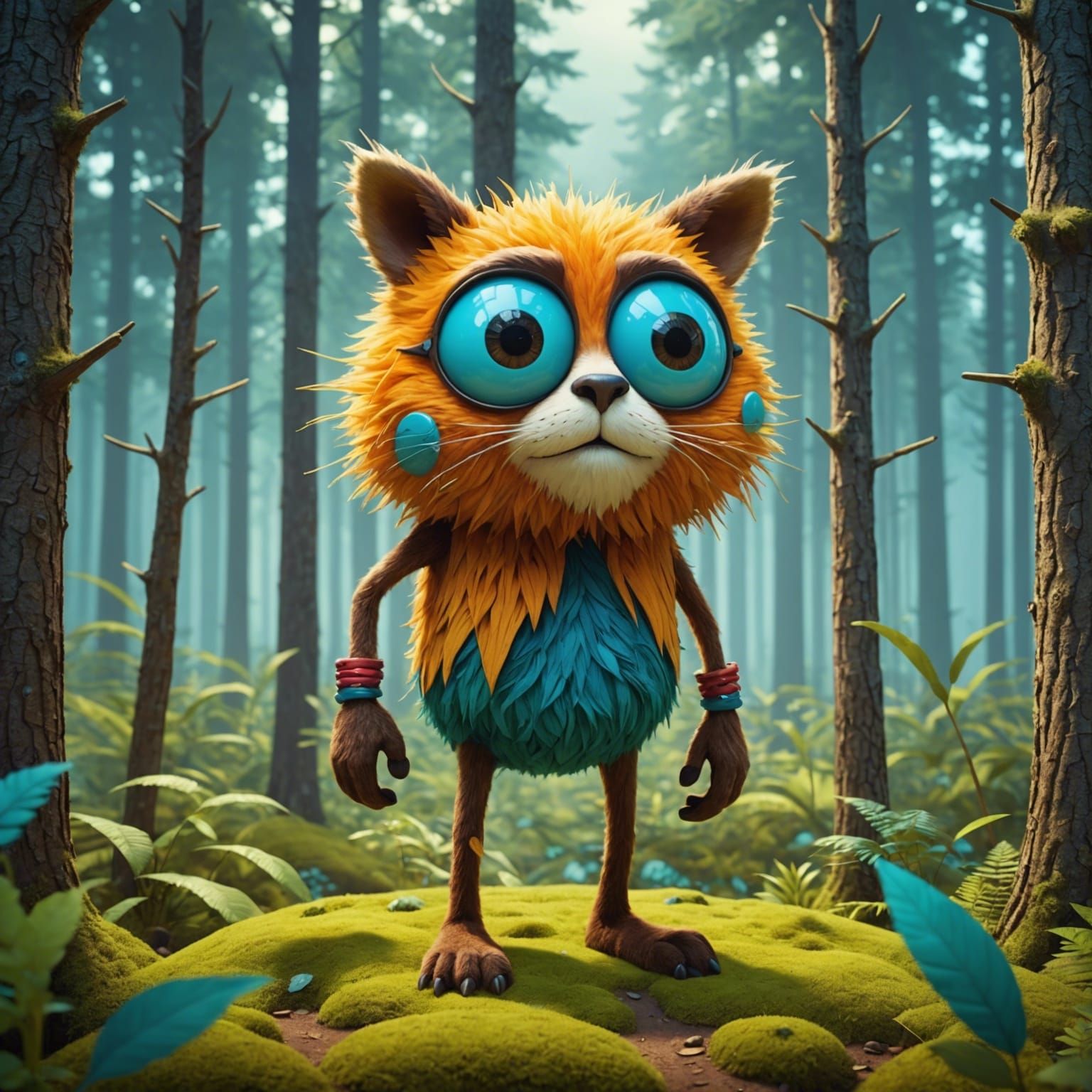 Surreal Furry Character in Happy Forest, 3D Render
