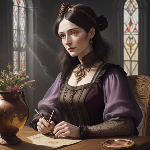 Brunette Witch Mixing Colorful Dust, in Surrealist Style