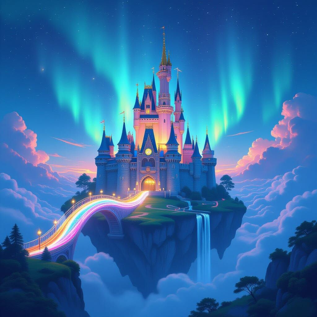 Majestic Rainbow Castle on Floating Island with Magical Brid...