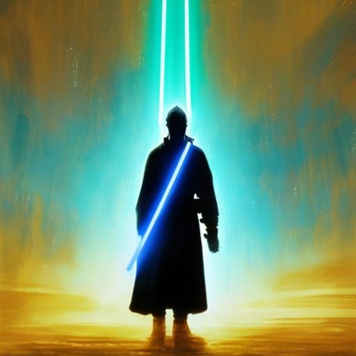 Heroic Jedi Master with Lightsaber in Sci-Fi Art