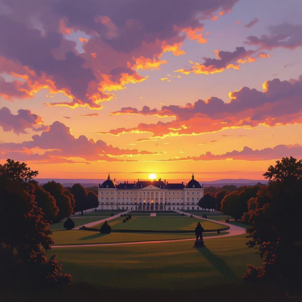 Sunset Over Potsdam Sanssouci Palace in Romantic Oil Paintin...