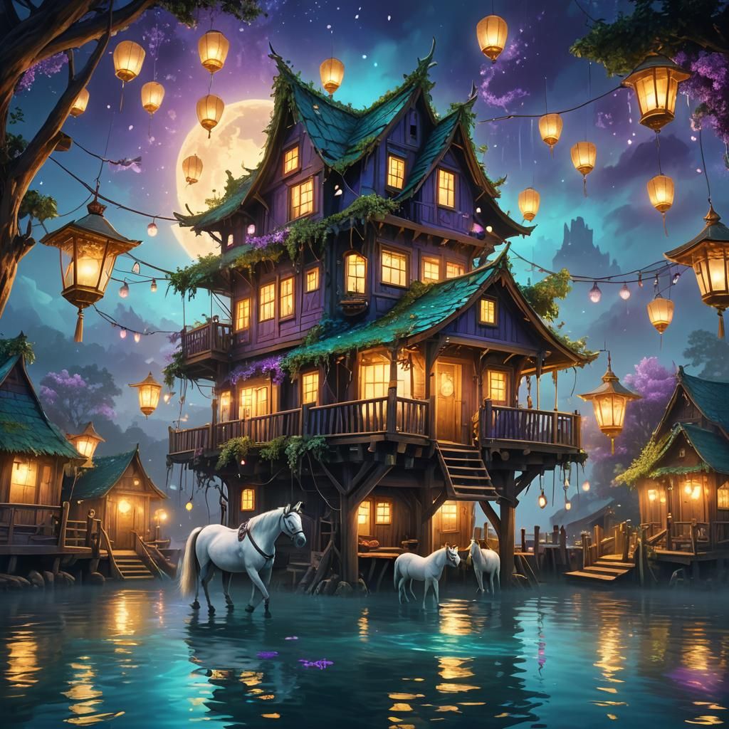 Floating House Party with Horses: Fantasy Concept Art