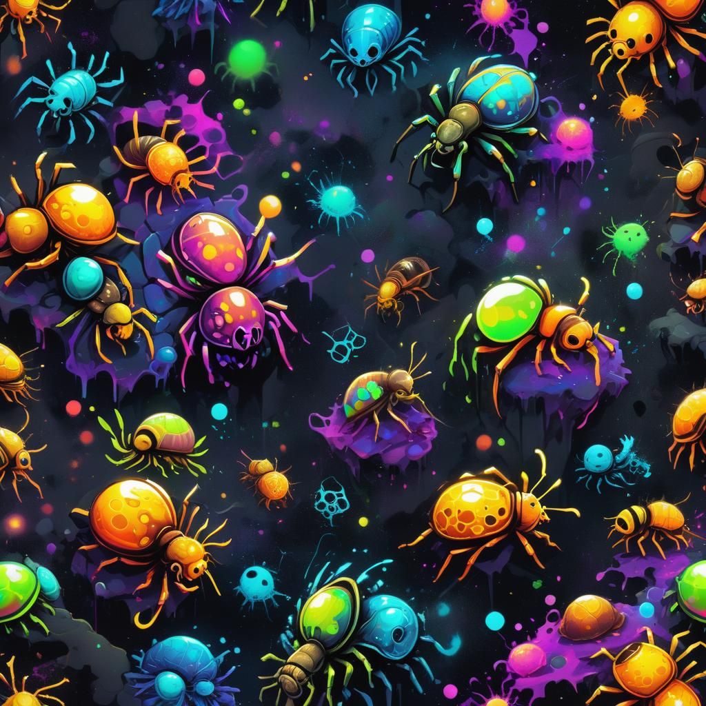 Psychedelic Neon Ink Swarm Around Honeycomb Structure