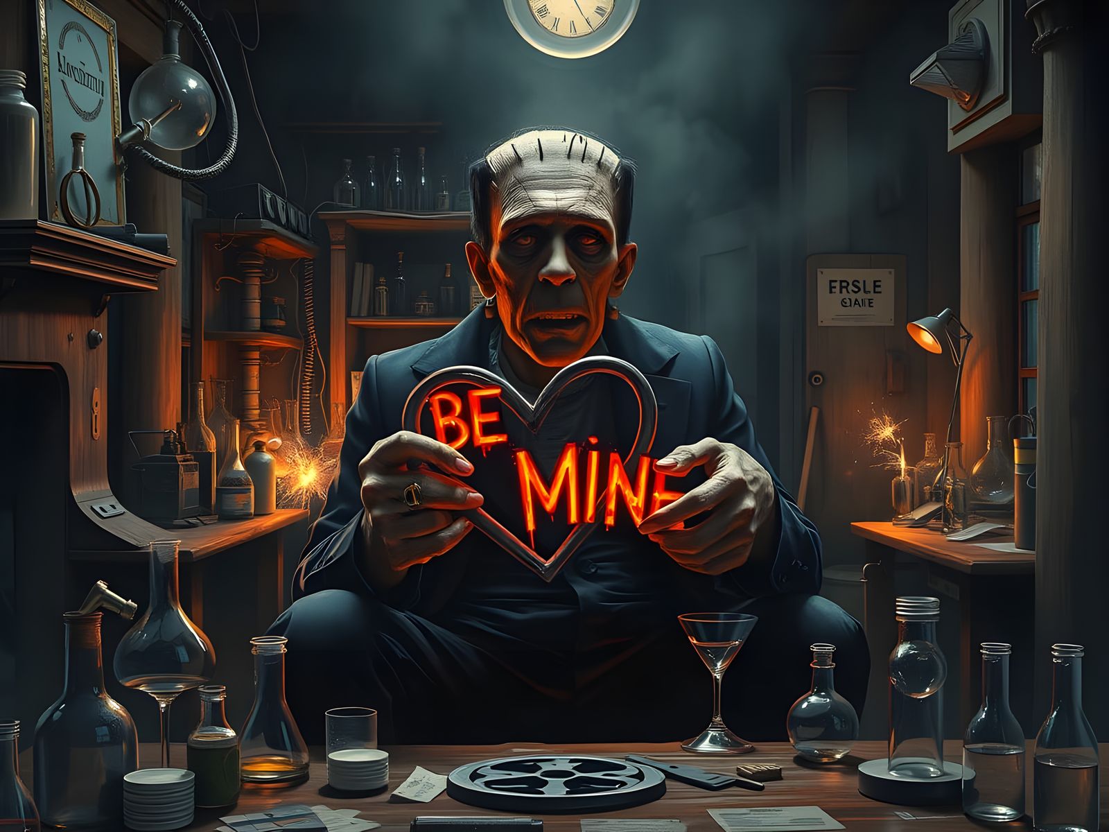 Frankenstein's Monster Valentine's Day Card in Gothic Labora...