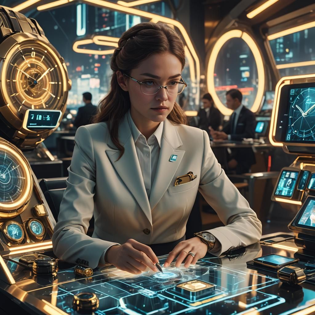 Futuristic Woman and Holographic Watches in Neon City