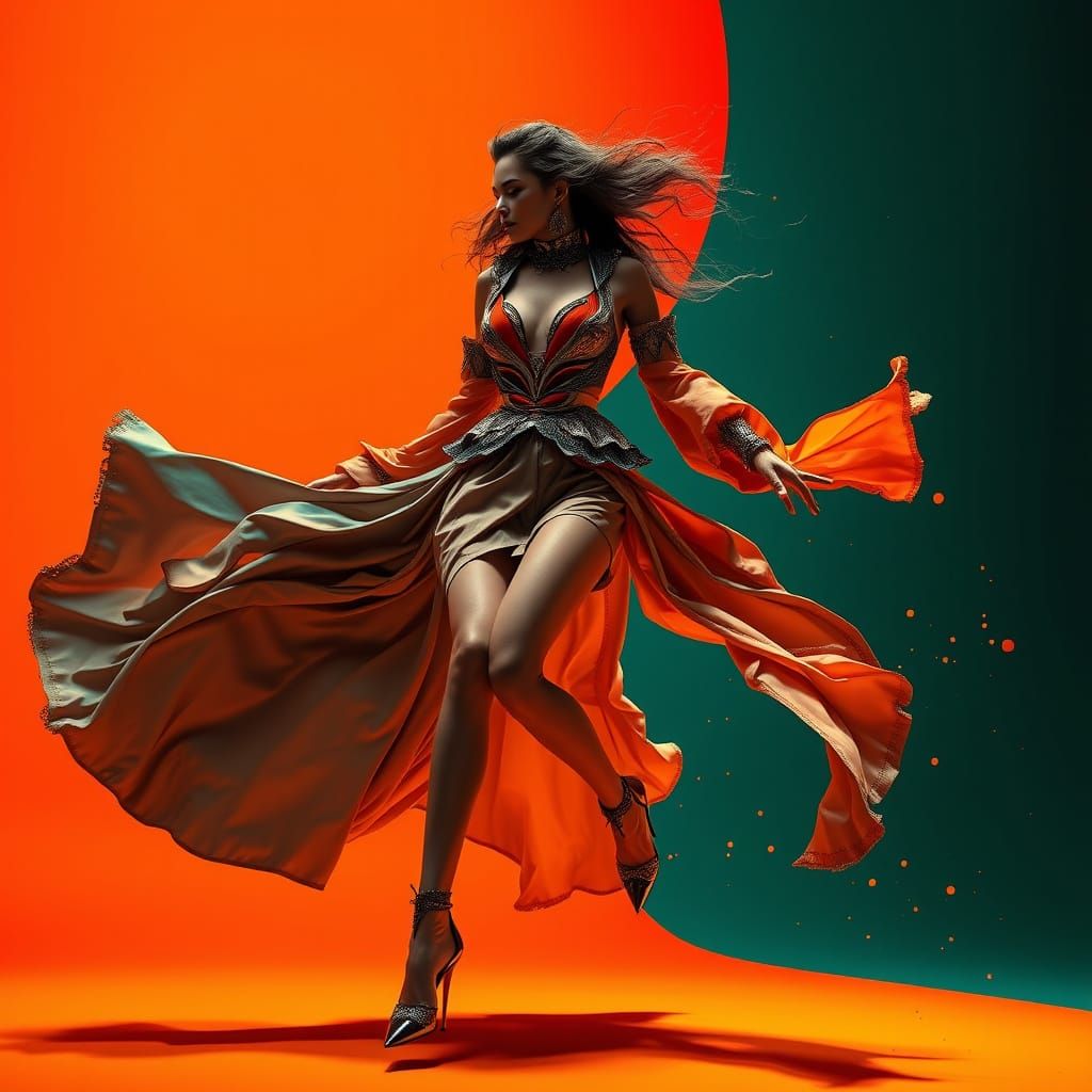 Surreal Fashion Model in Motion, Art Nouveau-Inspired