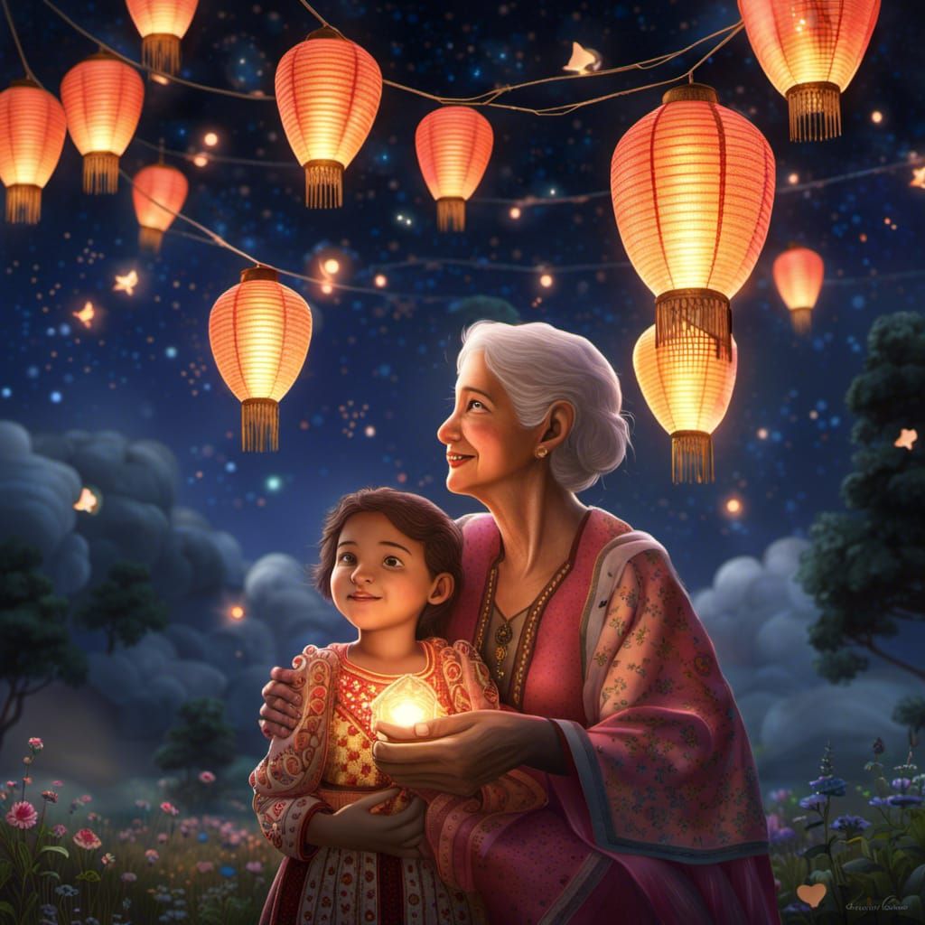 Grandchild and Grandma Gazing at Cosmic Sky