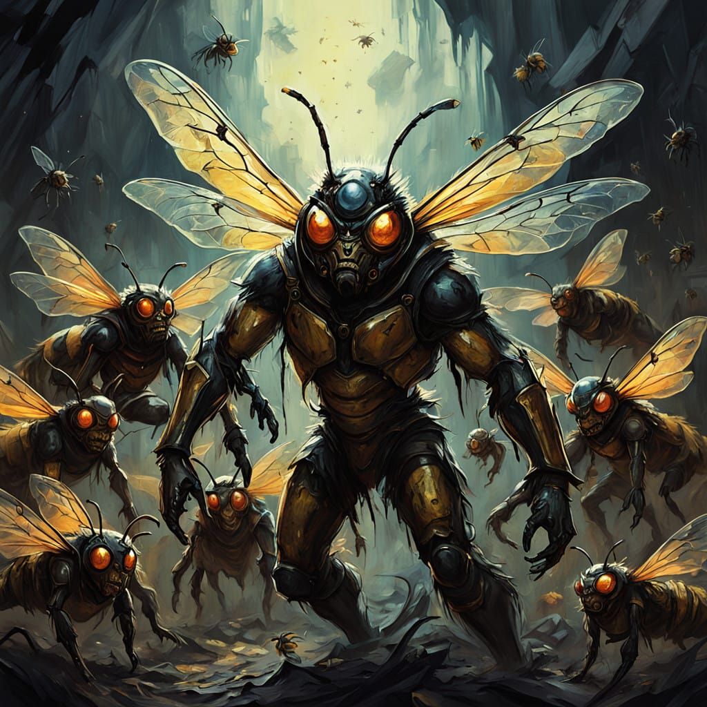 Dark, Ominous Swarm of Frenzied Bee Demons in Expressive Oil...