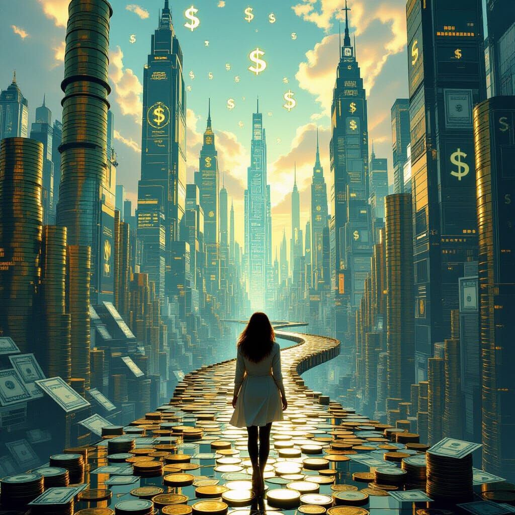 Surreal City of Money: Woman Walks Through Coinscape