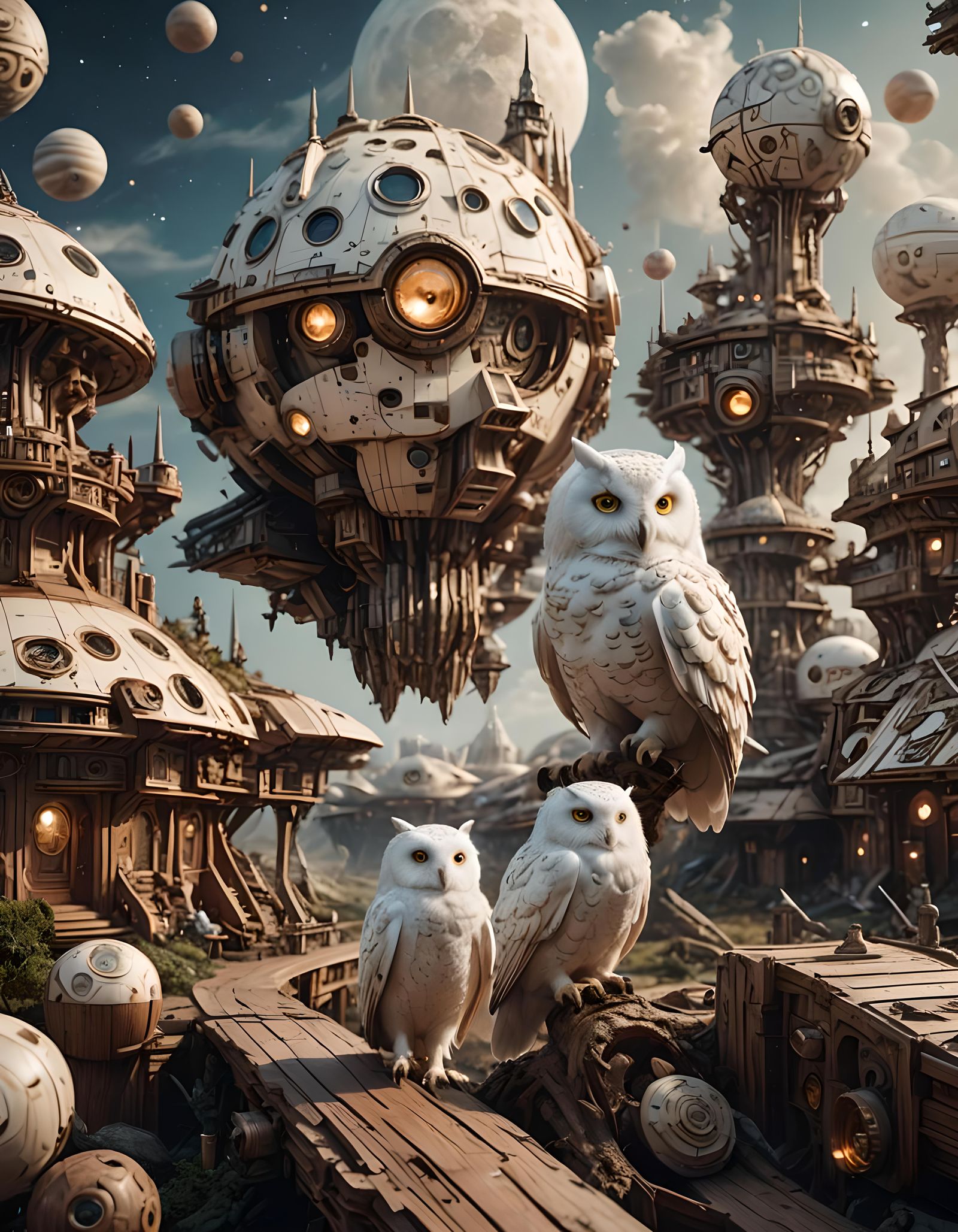 Albino Owl on Planetary Landscape with Spaceship