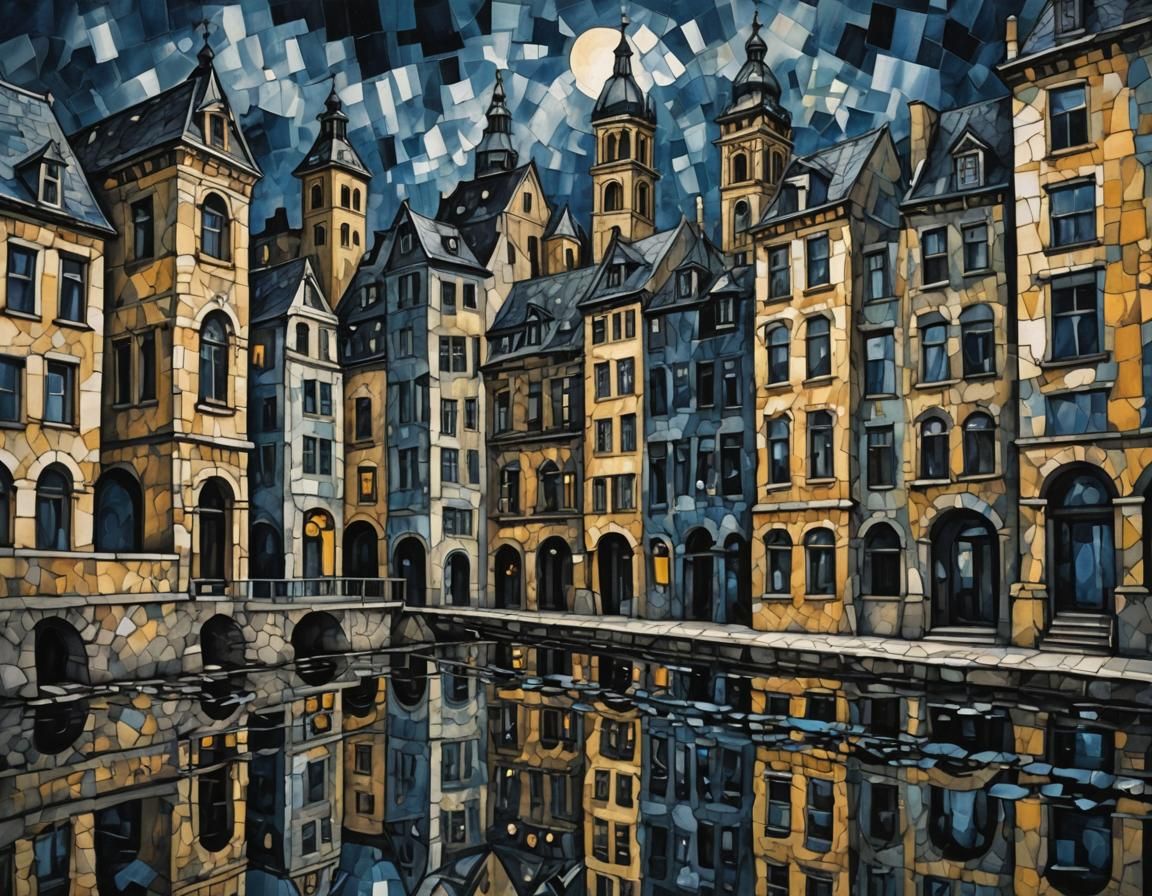 Fractured Cityscape in the Style of Rouault and Klimt