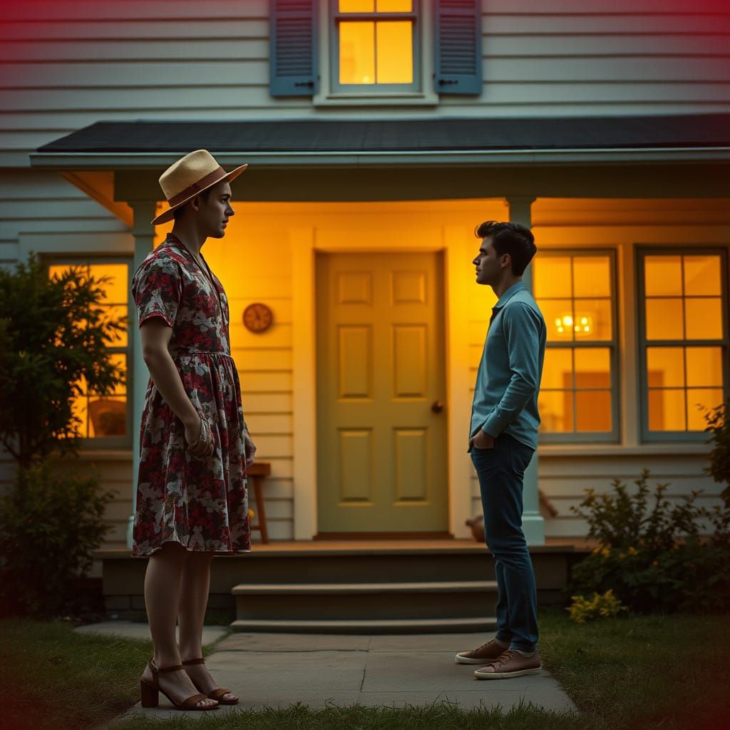 Young Man in Vibrant Pollyanna Dress Outside Charming Old Ho...