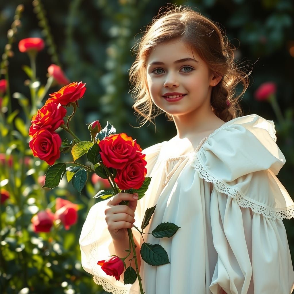 Gentle Maiden Surrounded by Whimsical Florals