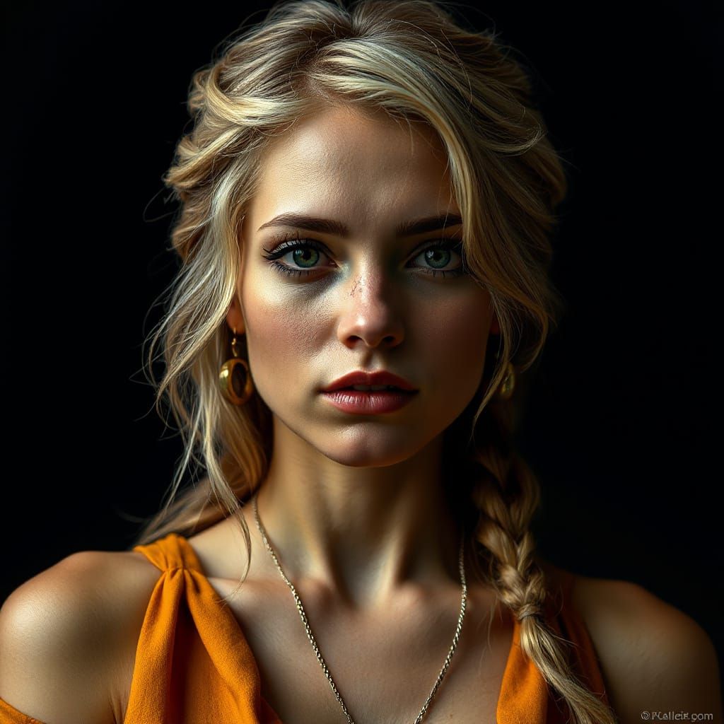 Renaissance Pin-Up Woman in Dramatic Amber Tones