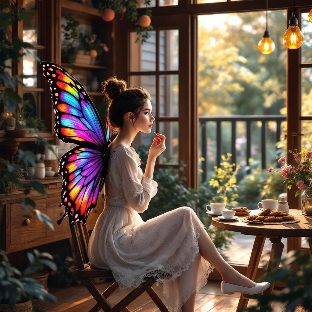 Woman with Butterfly Wings in Hyperrealistic Interior