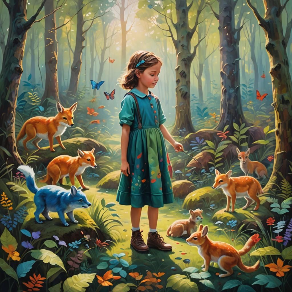 Child and Creatures in Whimsical Forest, Impressionist Oil P...