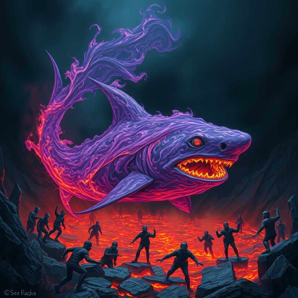 Fiery Purple Shark in Lava Pit