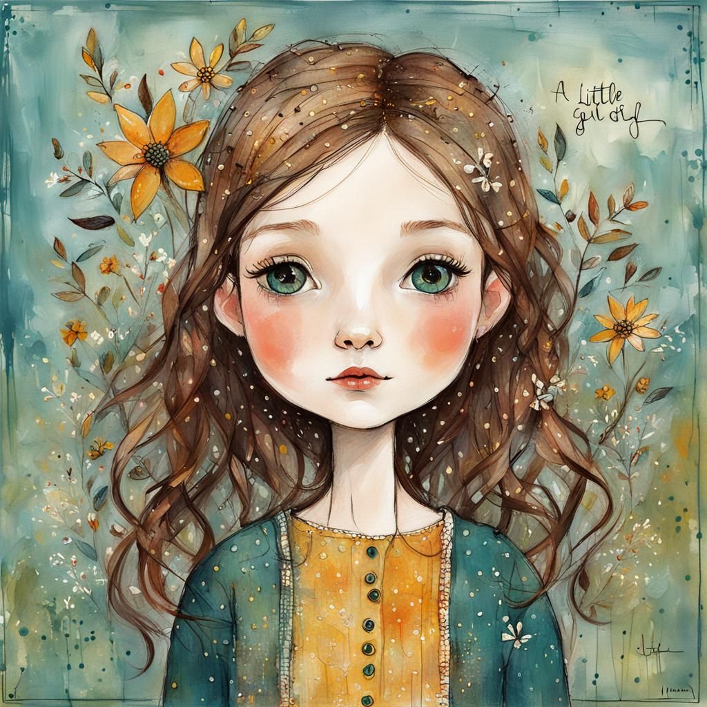 Little Girl in a Distressed Folk Art Style