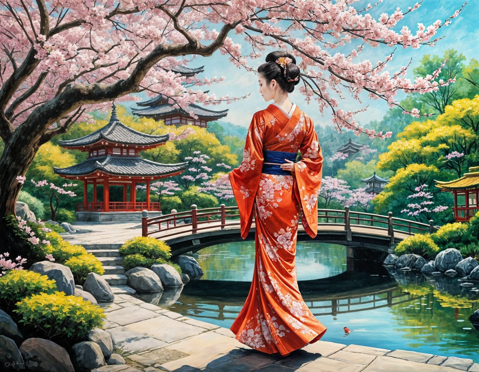 Graceful Geisha in Japanese Garden: Splash Art