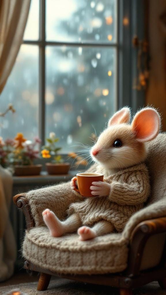Cozy Yarn Mouse Sipping Cocoa: Whimsical Felt Art