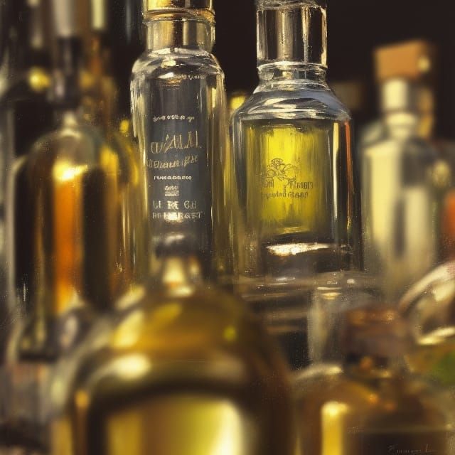 Elegant Apothecary Liquor Bottles in Oil Painting Style