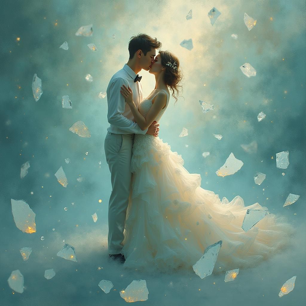 Entwined Lovers in Glass Shards: Surrealist Art