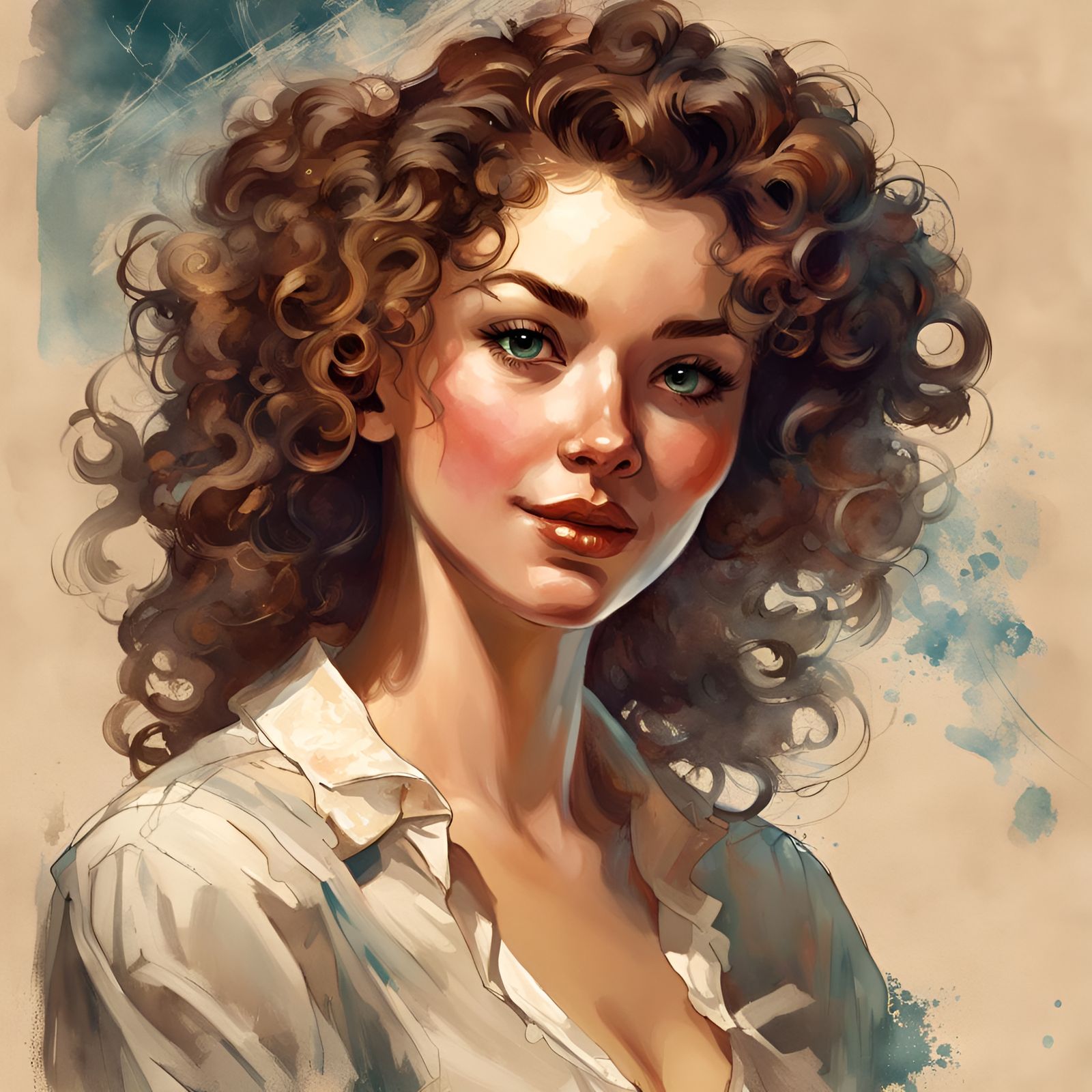 Gorgeous Curly Haired Woman Portrait in Digital Illustration