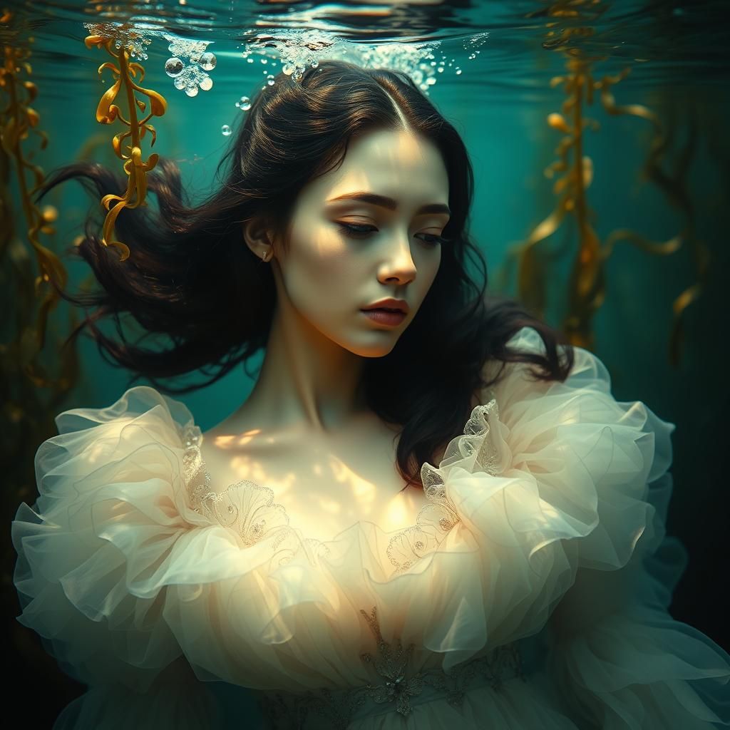 Underwater Woman in Victorian Gown, Photorealistic