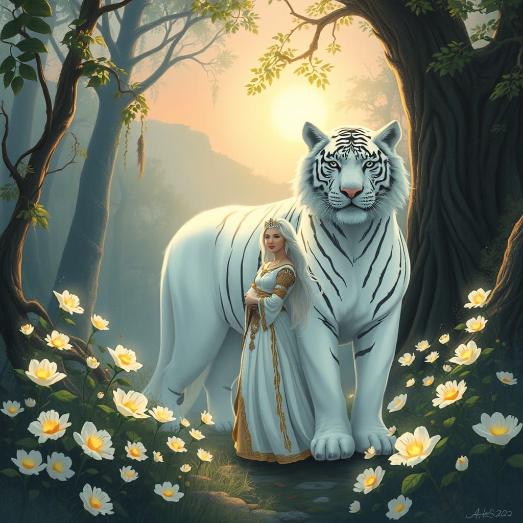 Princess and Ghostly Tiger in Sunlit Glen