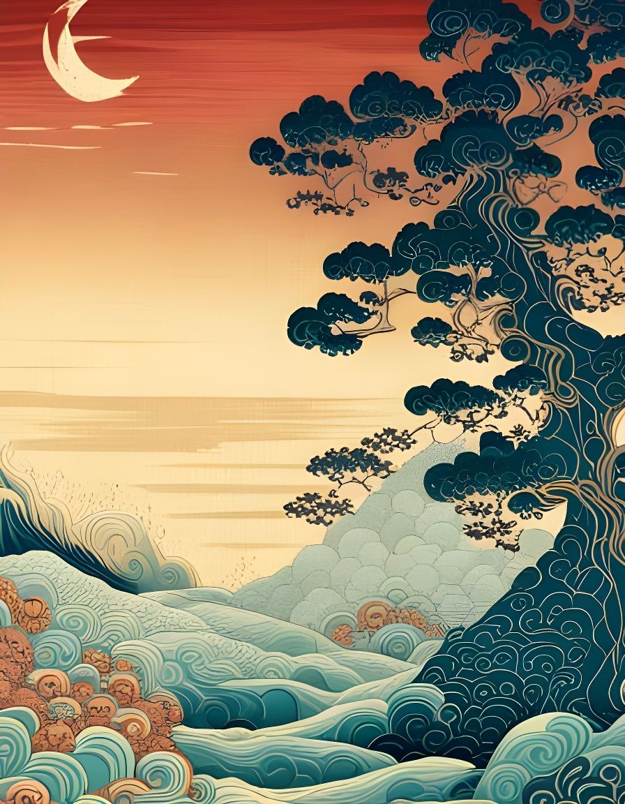 Bird Flying Over Water in Japanese Art Style