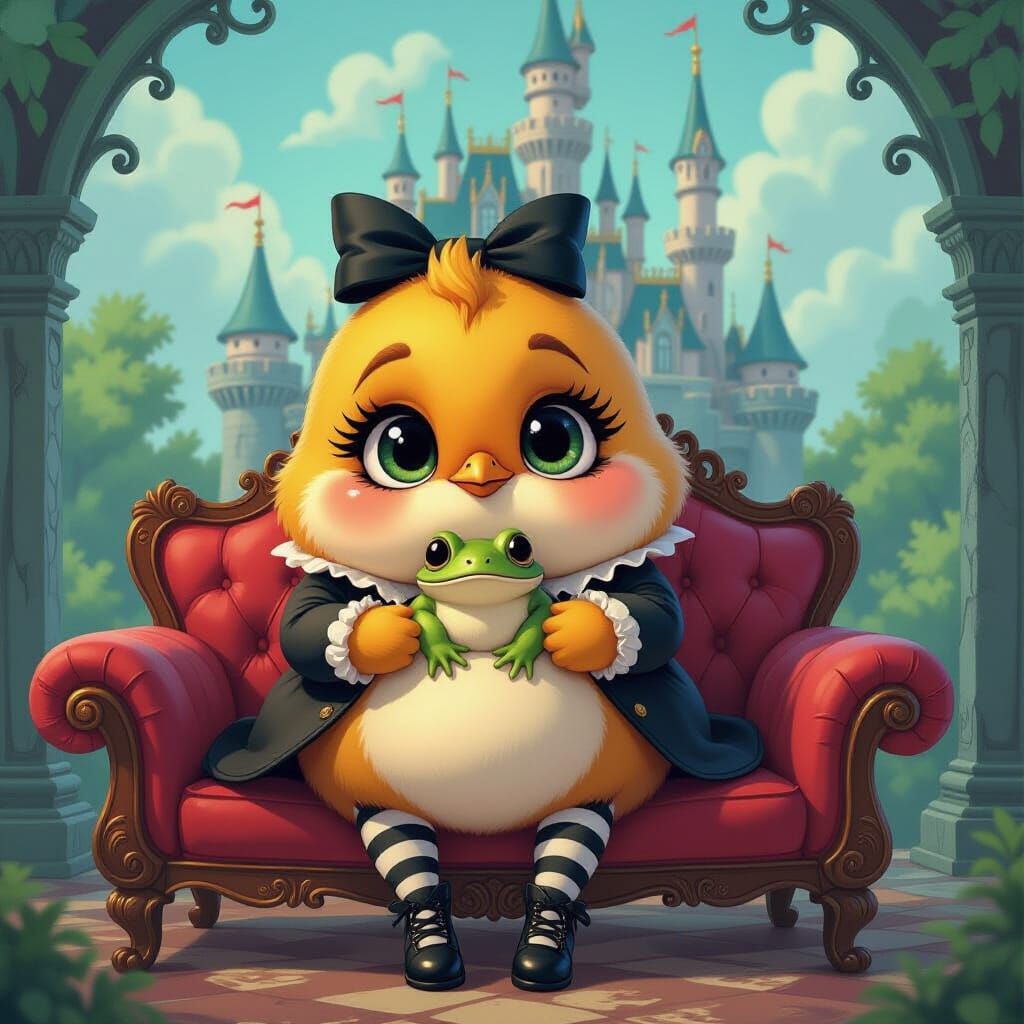 Whimsical Bird Character with Medieval Castle