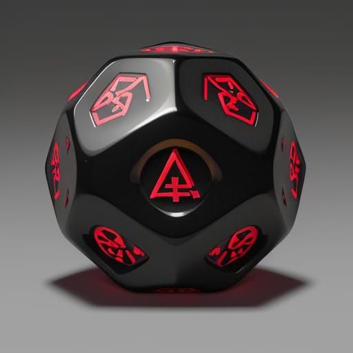 Sleek Metallic 20-Sided Dice with Intricate Red Symbols