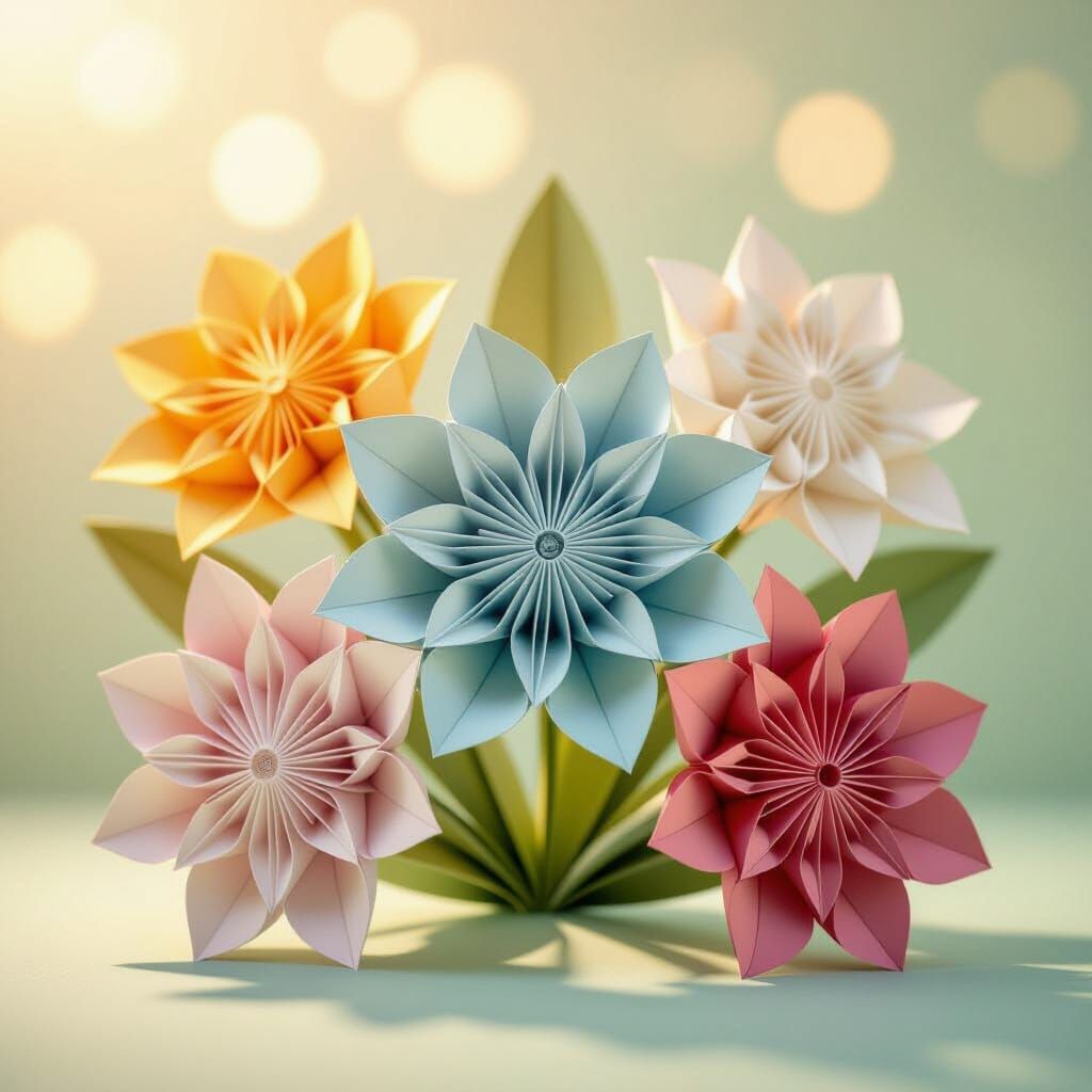 Origami Flowers Bloom Under Soft Sun in Gentle Focus