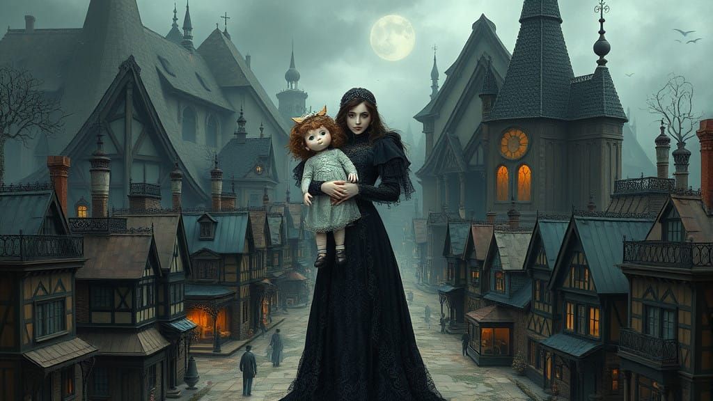 Gothic Dreamscapes: Whimsical Girl in a Victorian Village