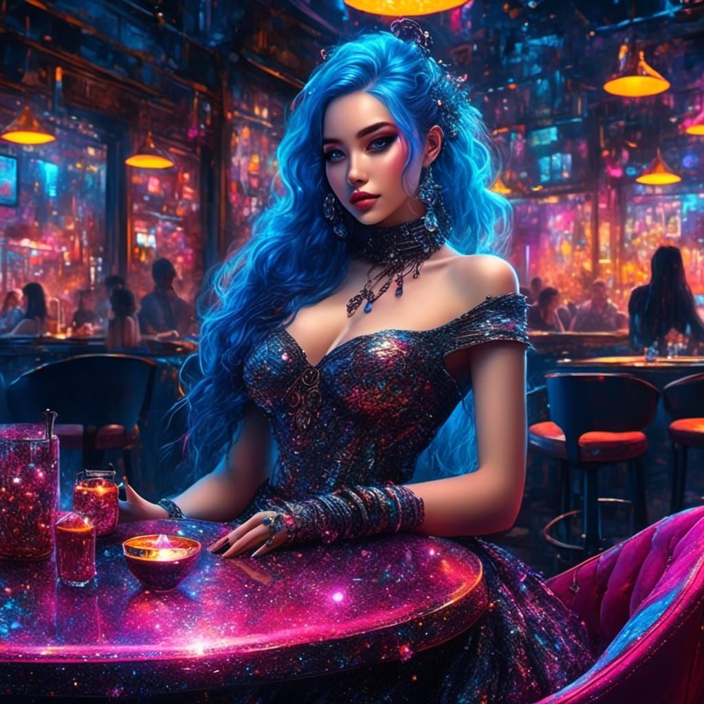 Smiling Woman with Neon Hair in Charcoal Drawing