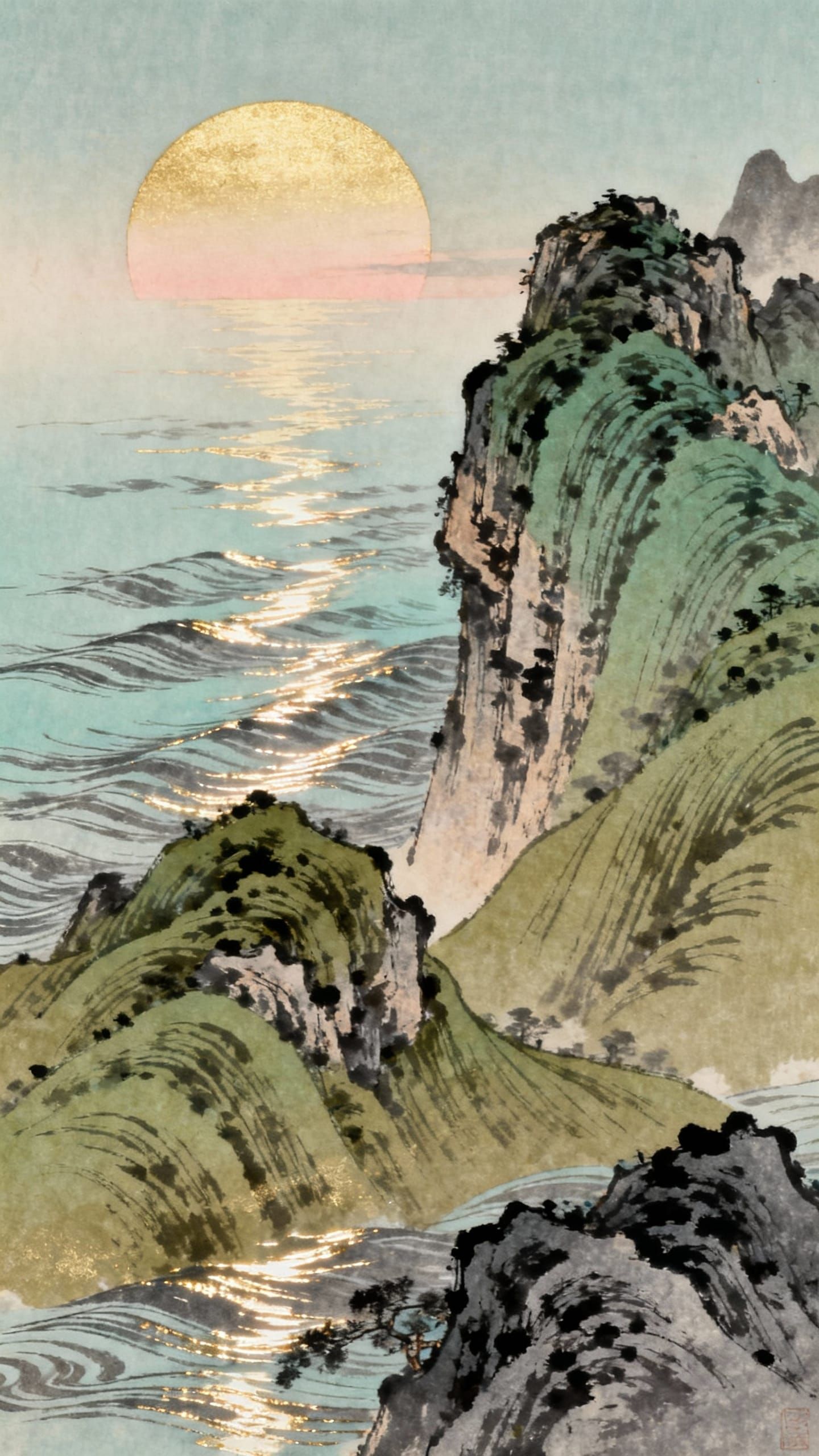 Ink Wash Landscape With Radiant Sun and Liquid Metal Light