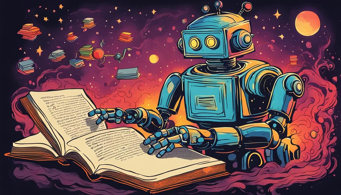 Robot Reading Book in Whimsical Ink Art Style