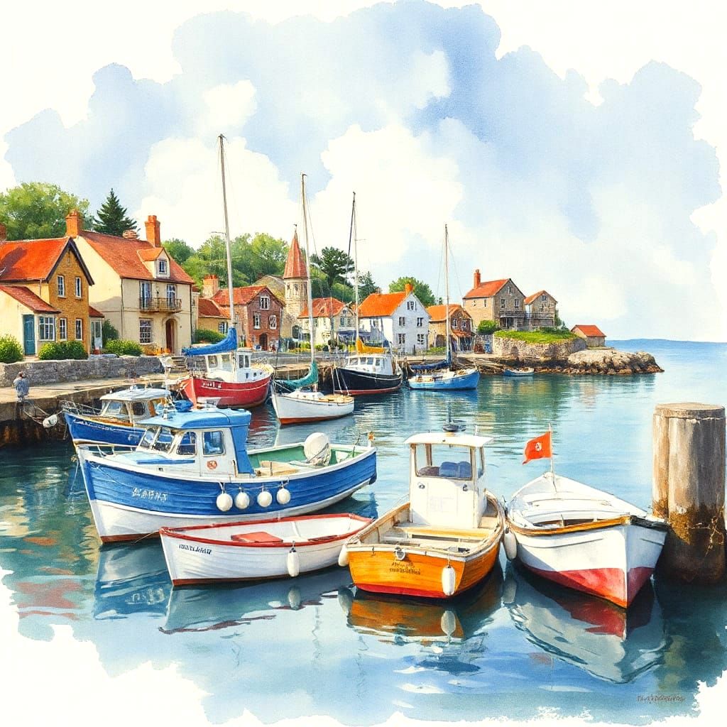 Cozy Coastal Village Harbor in Bright Watercolor Style