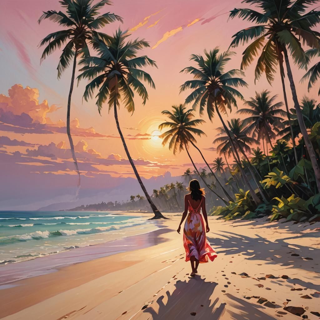 Tropical Beach Sunset: Vibrant Oil Painting of Paradise