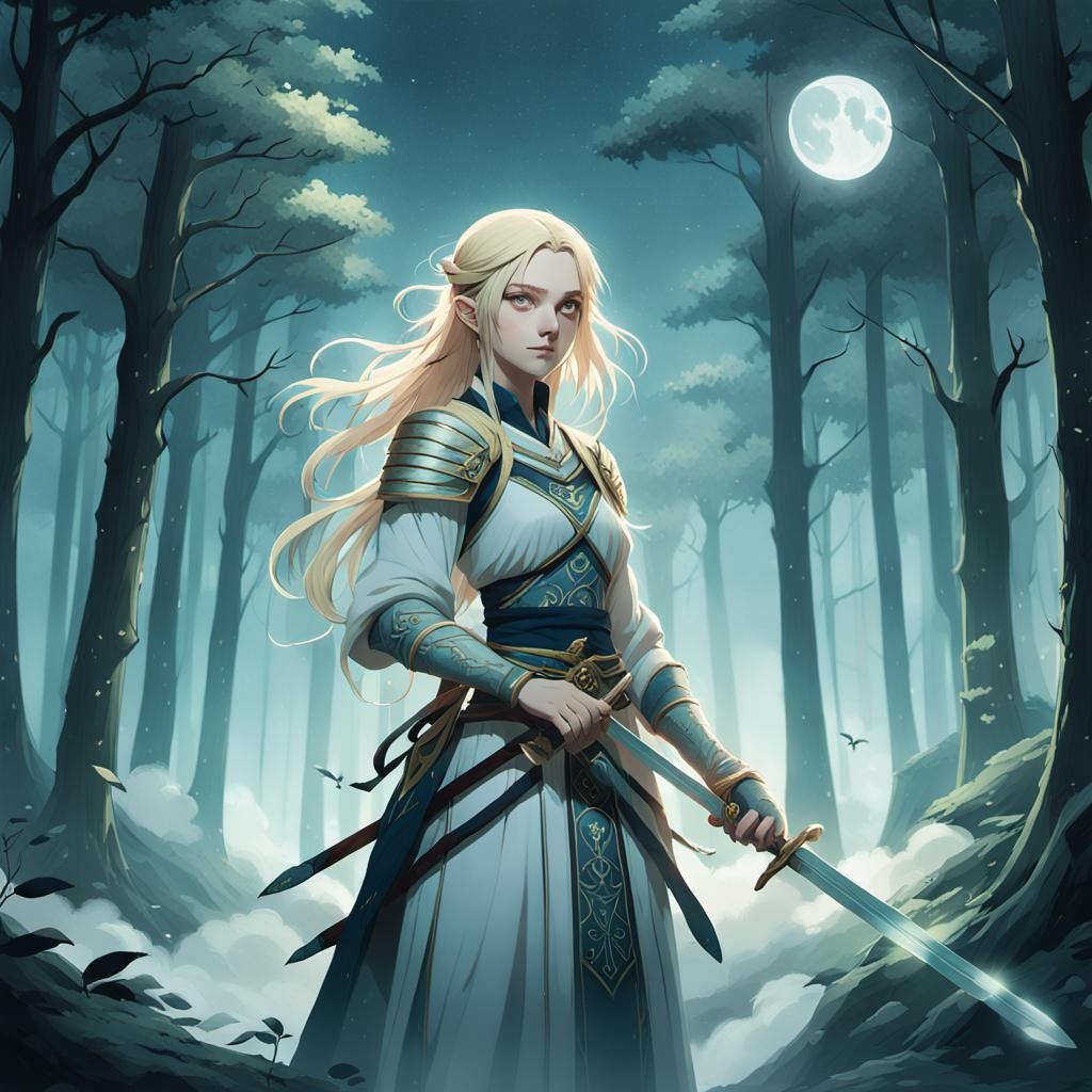 Blonde Woman with Swords in Anime Style