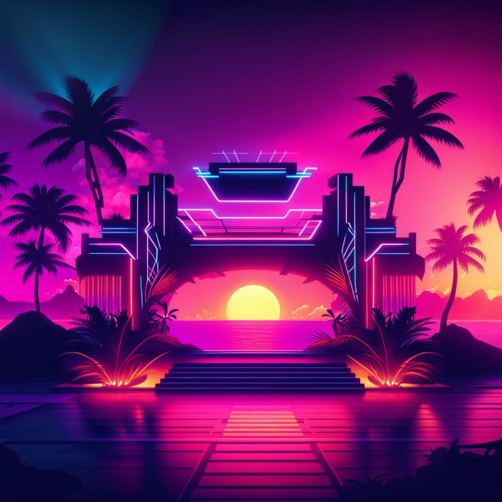 Tropical Island EDM Rave at Sunset in Synthwave Style