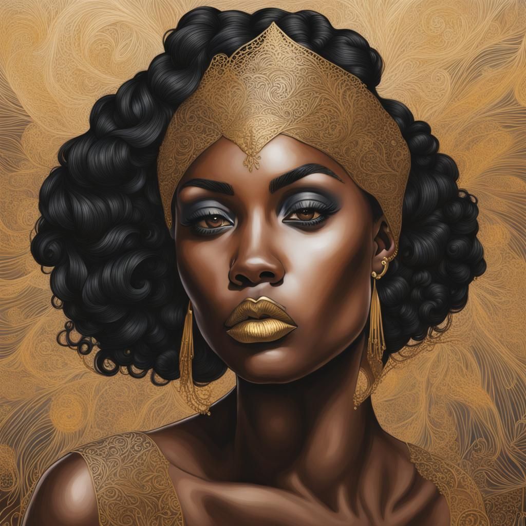 Black Women with Gold Sparks in Beardsley Style