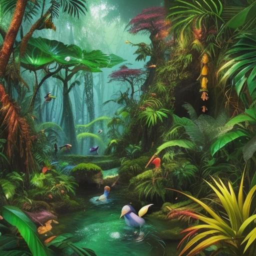 Lush Wildlife in a Colorful Fantasy Rainforest