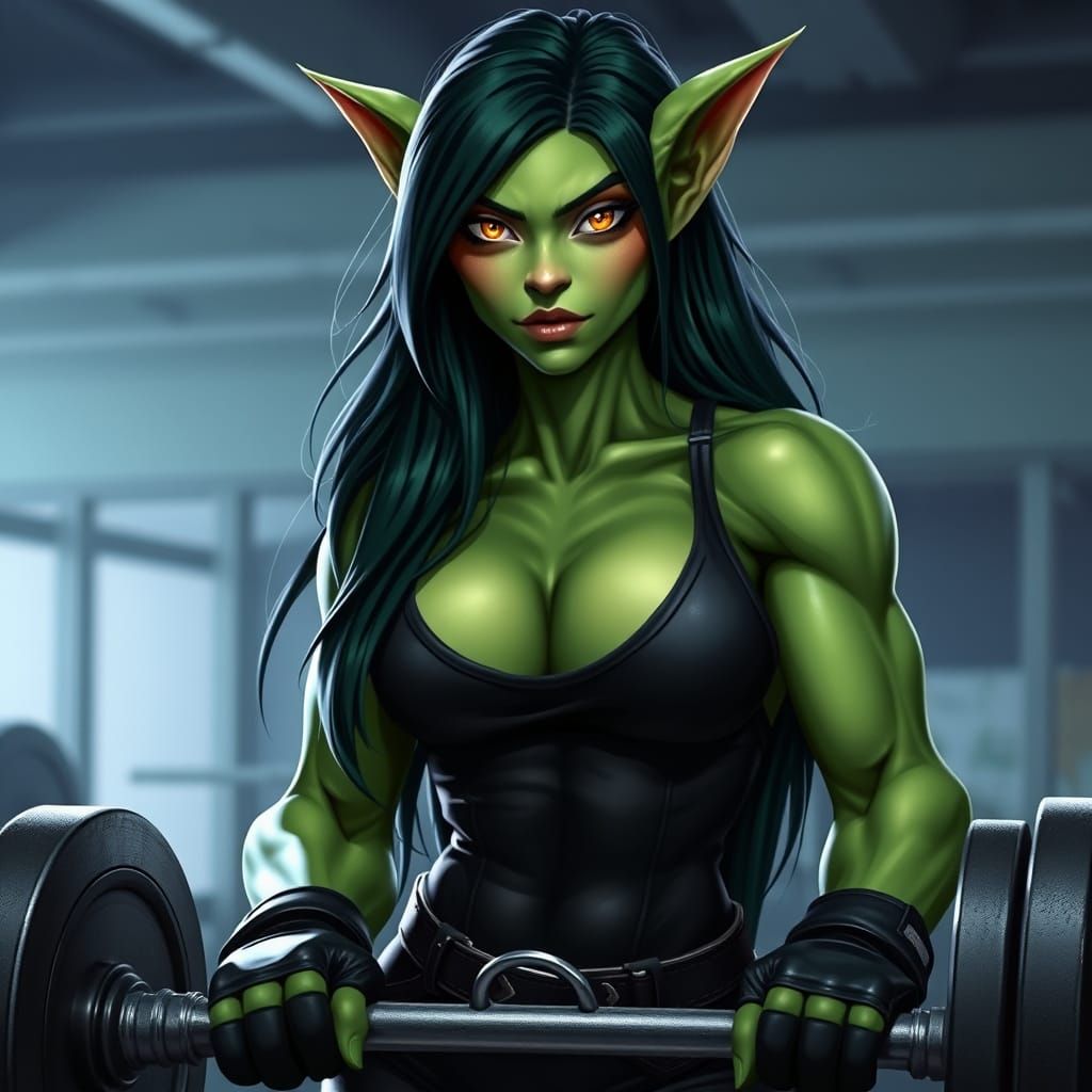 Muscular Female Goblin Lifting Weights in Gym