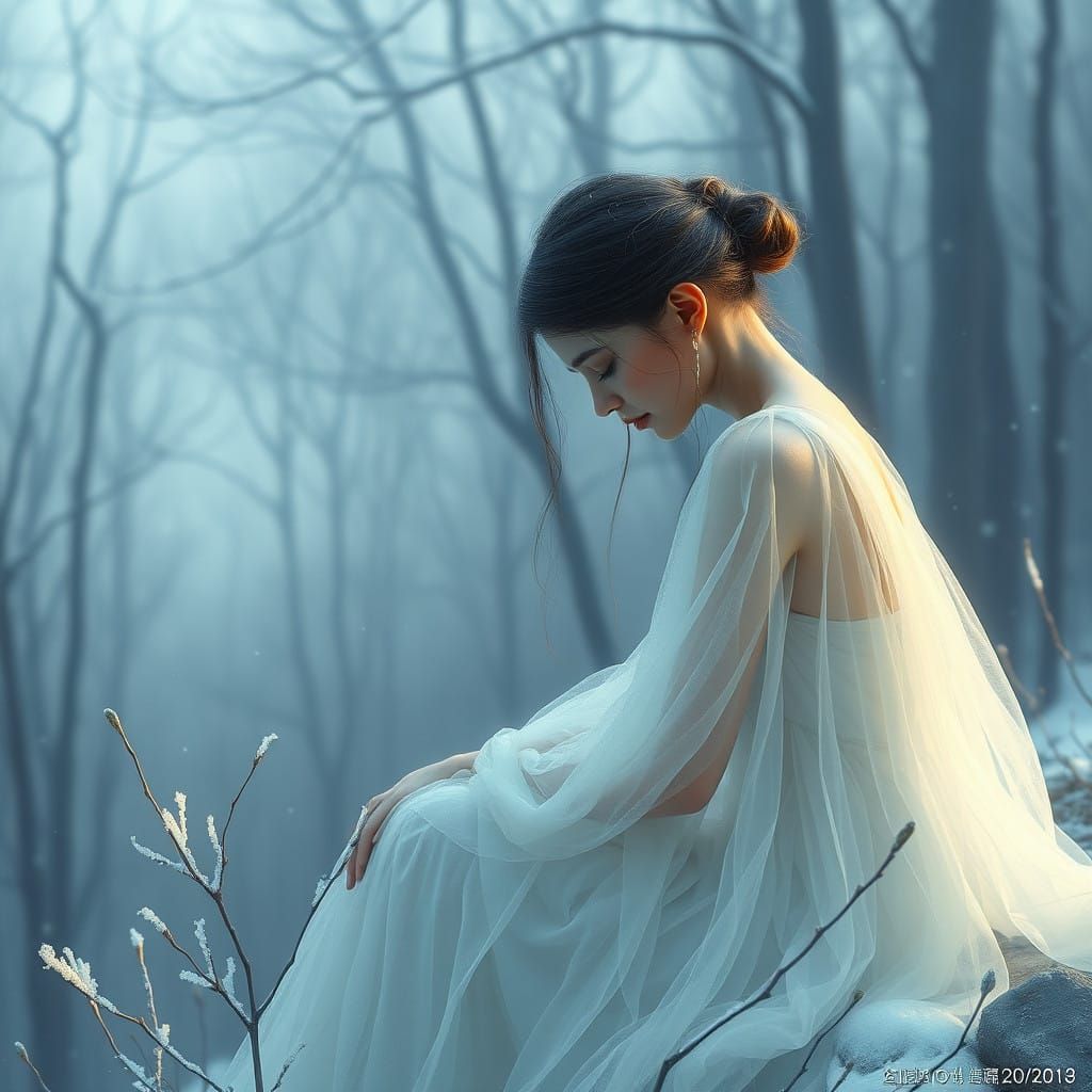 Serene Woman in Mystical Forest, Frosty Tears and Gentle Mel...